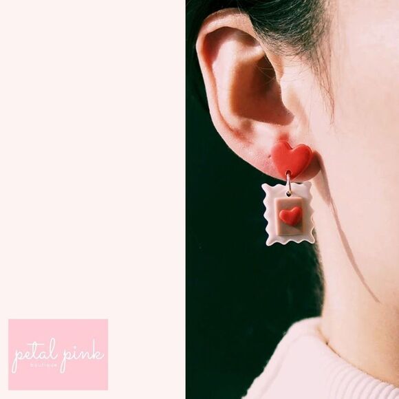 Red Heart Polymer Clay Drop Earrings Love - Picture 2 of 3